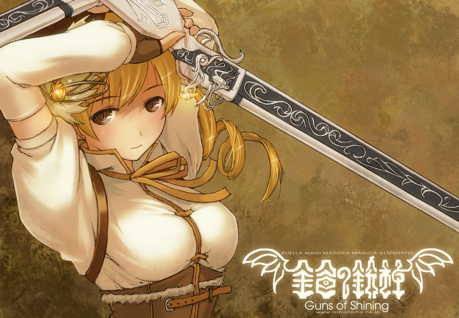 blonde_hair, gun, mahou_shoujo_madoka_magica, matsumae_takumi, tomoe_mami, weapon, yellow_eyes