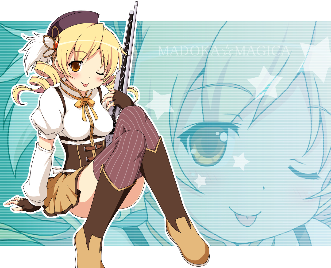 blonde_hair, boots, gun, mahou_shoujo_madoka_magica, thighhighs, tomoe_mami, weapon, wink