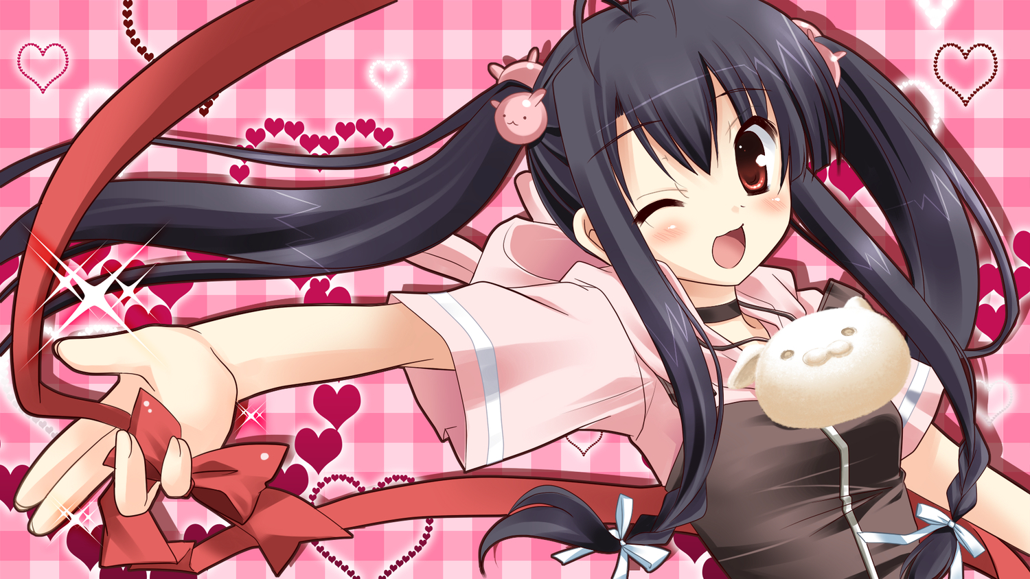 black_hair, game_cg, haruka_hinata, hulotte, ikegami_akane, twintails, wink, with_ribbon