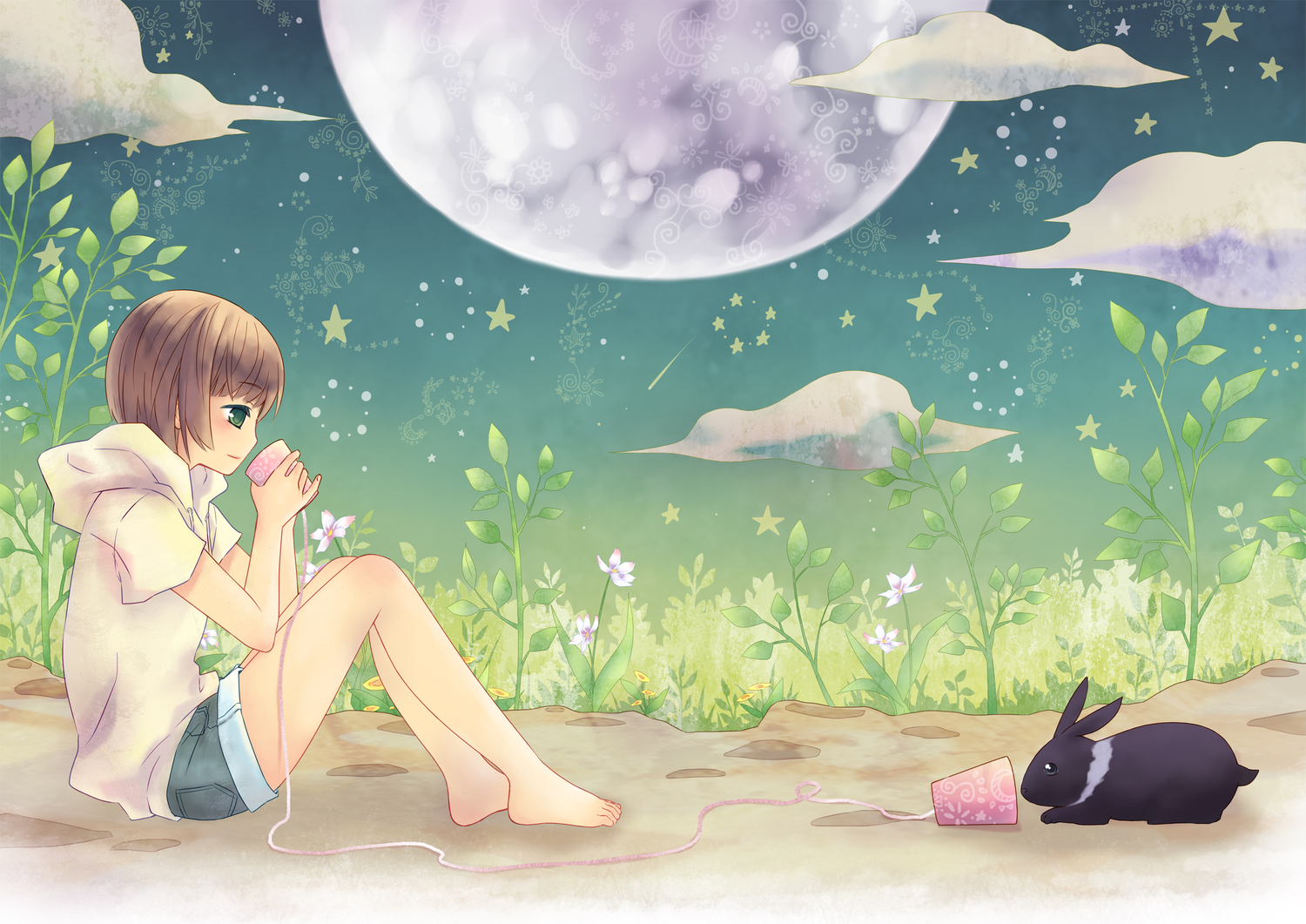 animal, brown_hair, green_eyes, moon, rabbit, zenyu
