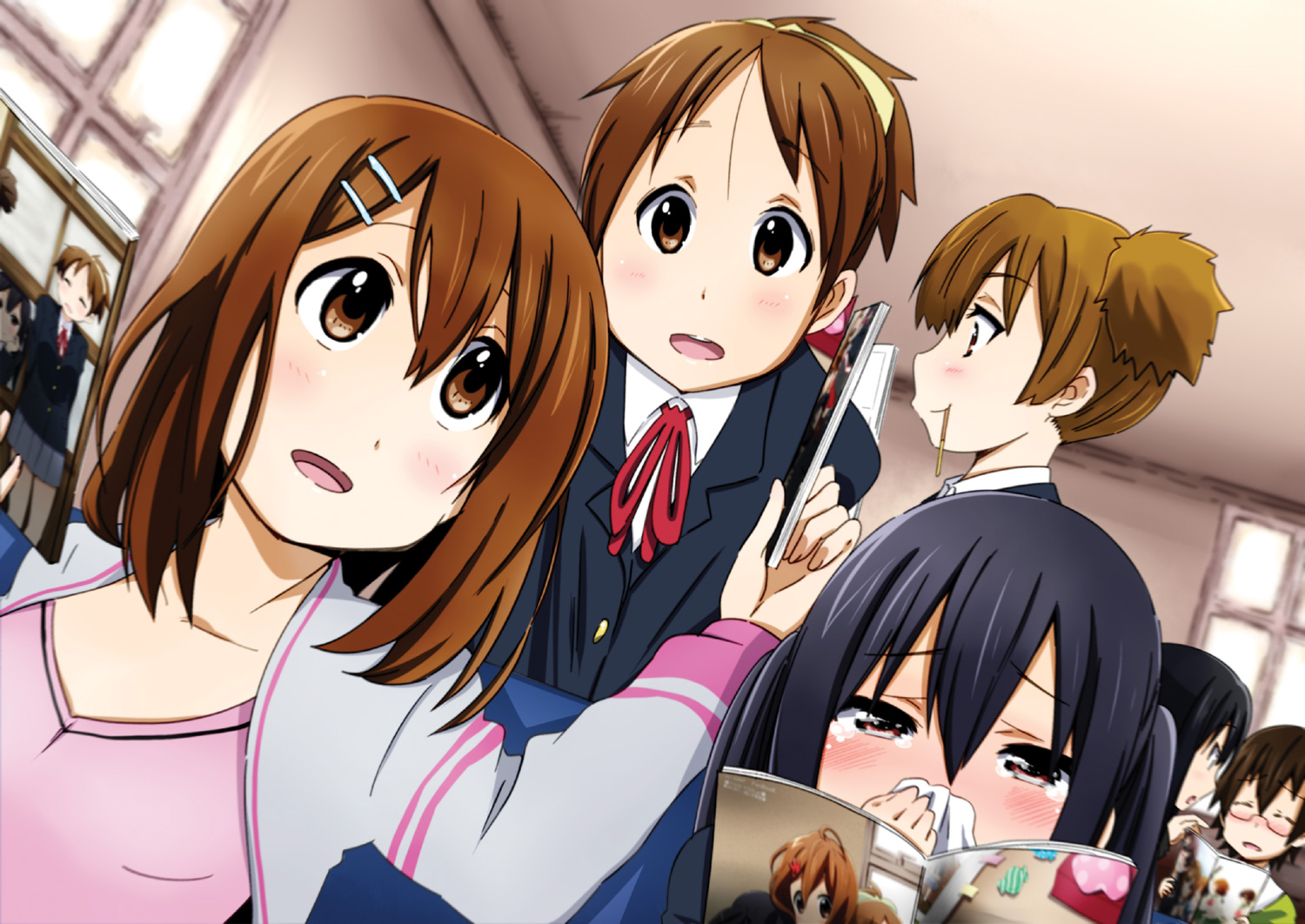 akiyama_mio, black_hair, brown_eyes, brown_hair, food, hirasawa_ui, hirasawa_yui, k-on!, long_hair, manabe_nodoka, nakano_azusa, nukunuku, pocky, school_uniform, short_hair, suzuki_jun, twintails