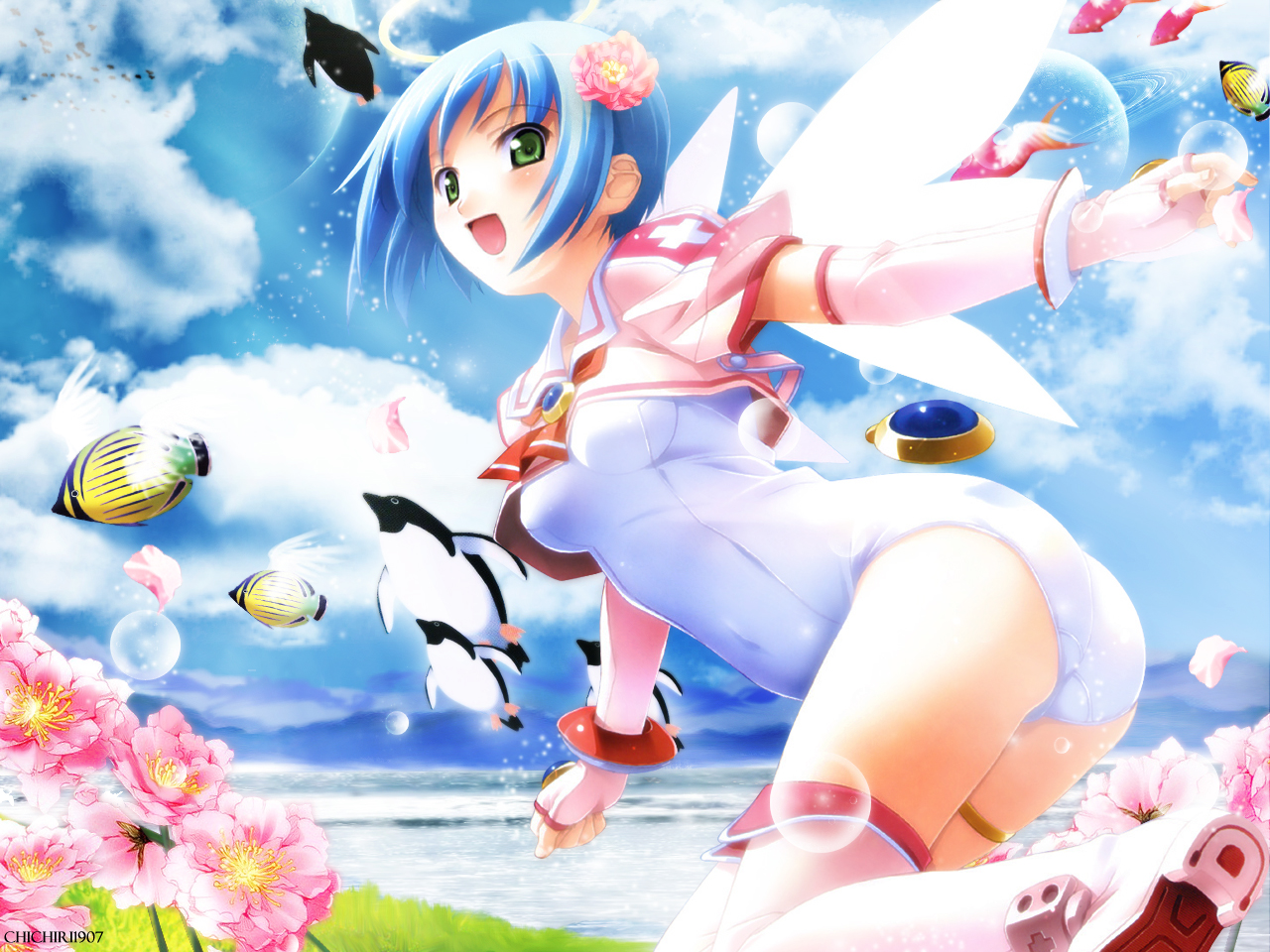 animal, bird, blue_hair, fish, flowers, green_eyes, jibril_seitenshi, kuuchuu_yousai