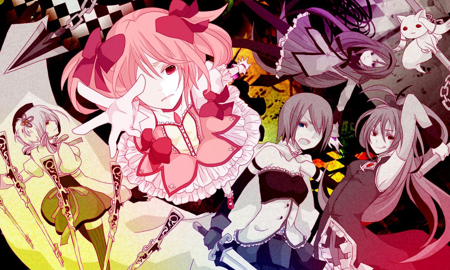 akemi_homura, kaname_madoka, kyuubee, mahou_shoujo_madoka_magica, miki_sayaka, mmco, sakura_kyouko, tomoe_mami
