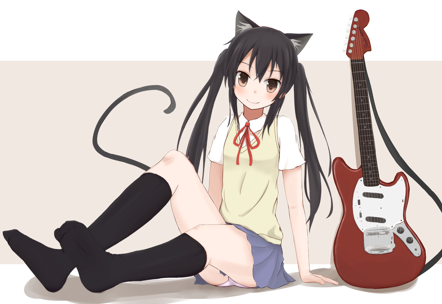 animal_ears, black_hair, blush, brown_eyes, coop_(coupon123), guitar, instrument, kneehighs, k-on!, long_hair, nakano_azusa, panties, school_uniform, tail, twintails, underwear