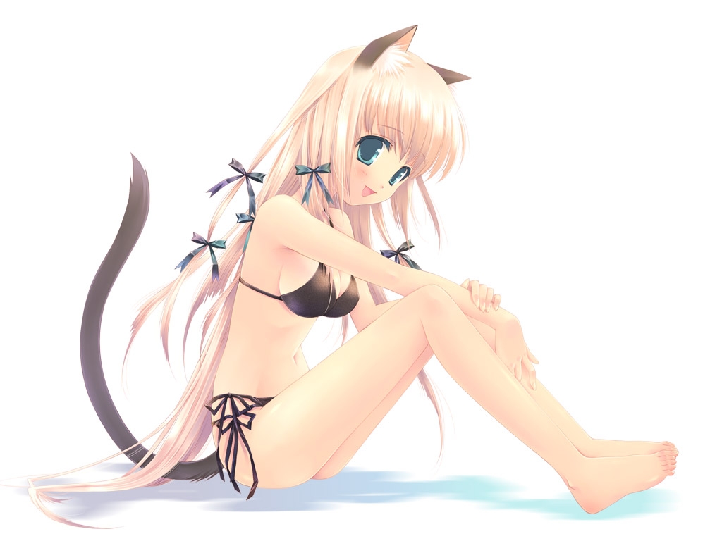 animal_ears, barefoot, bikini, catgirl, long_hair, original, swimsuit, tail