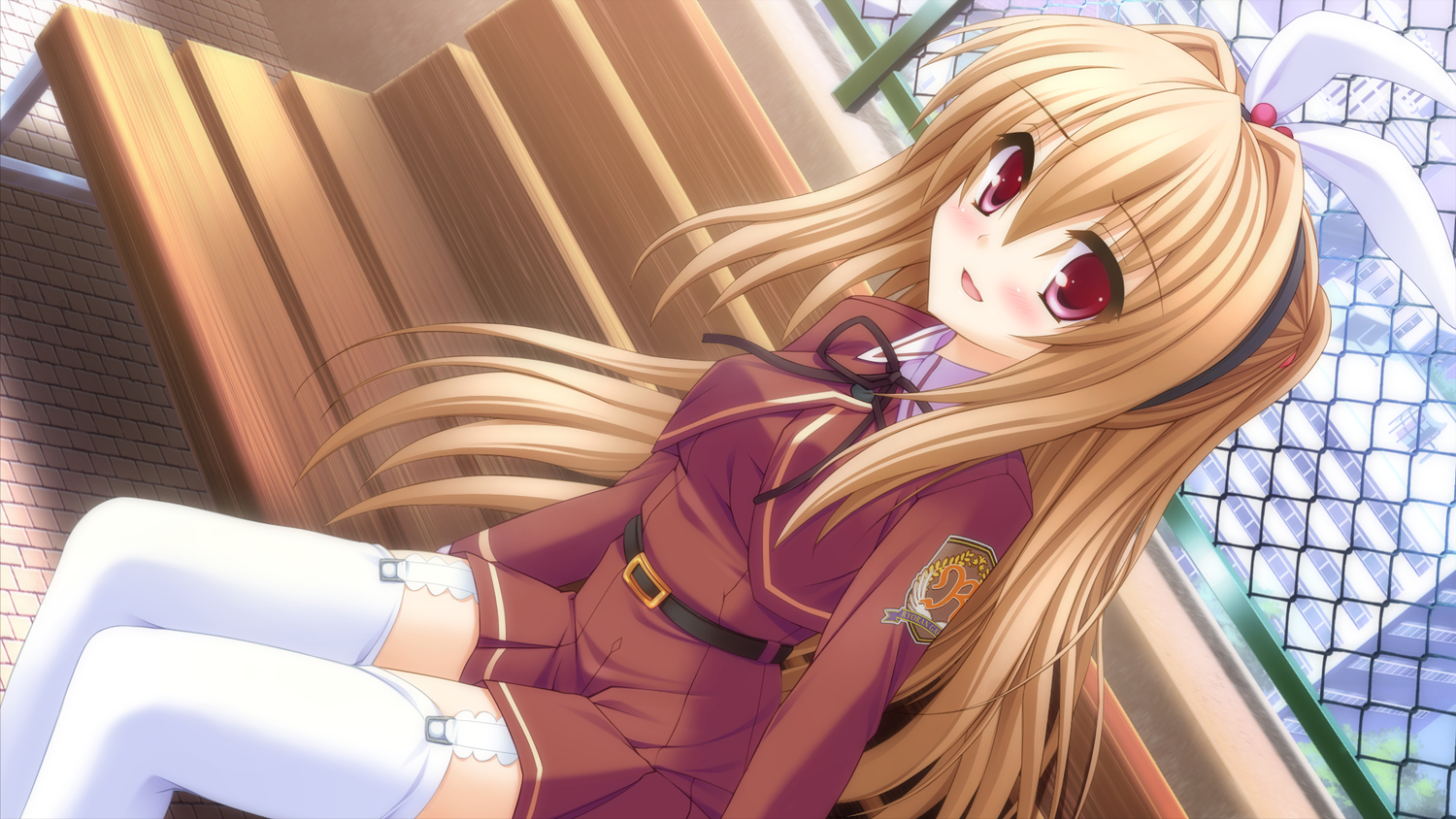 brown_hair, canvas_4, game_cg, kannon_ouji, konohana_madoka, red_eyes, school_uniform, thighhighs