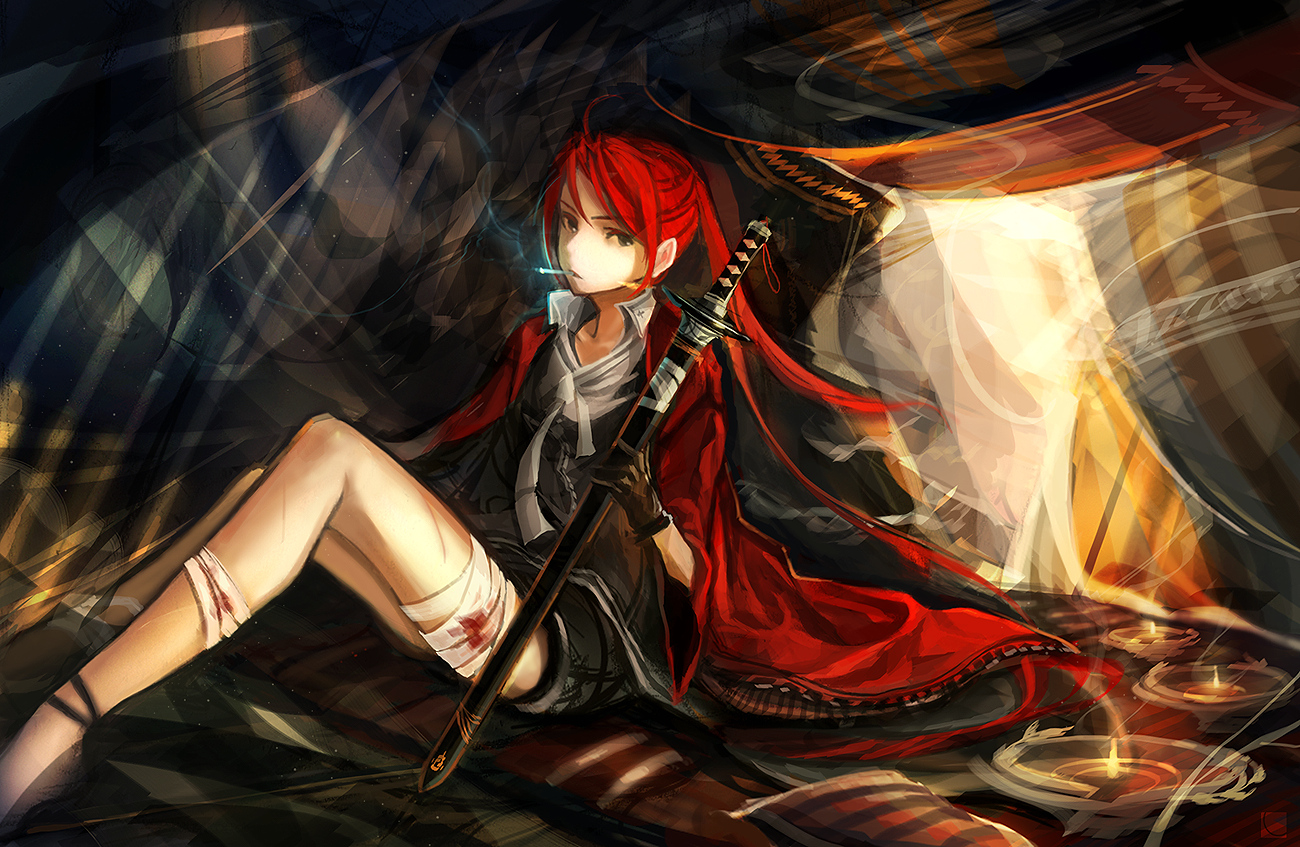 bandage, black_eyes, blood, carv, cigarette, gloves, katana, long_hair, original, pixiv_fantasia, red_hair, smoking, sword, tie, weapon