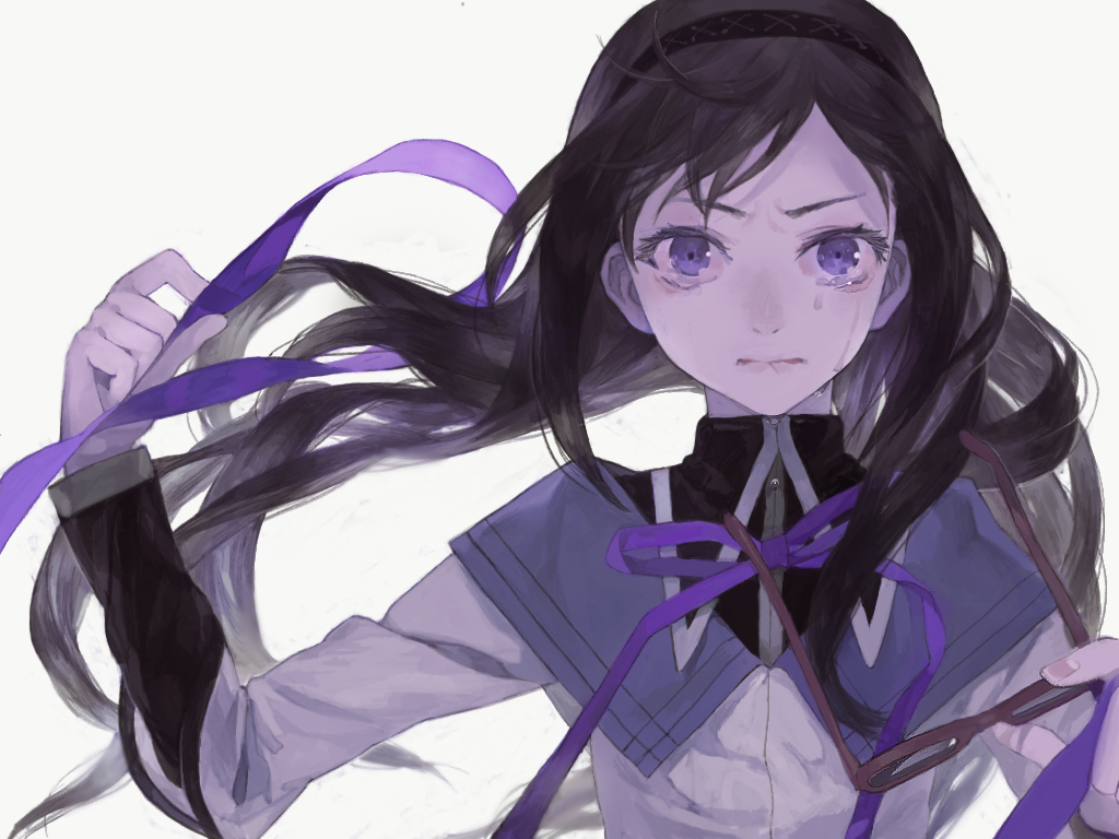 akemi_homura, mahou_shoujo_madoka_magica, nishihara_isao, purple_eyes, tears, white
