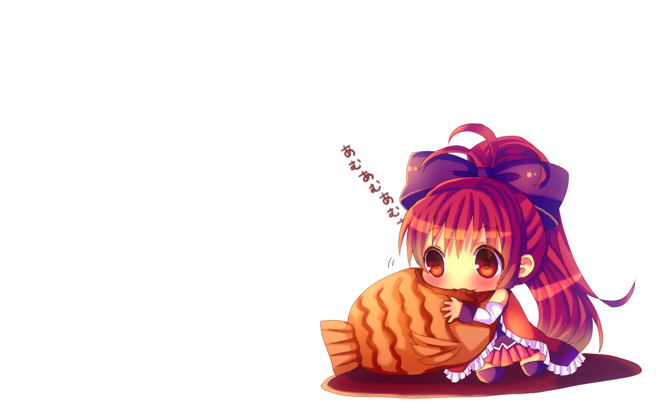 blush, chibi, food, hina_hina, long_hair, mahou_shoujo_madoka_magica, ponytail, red_eyes