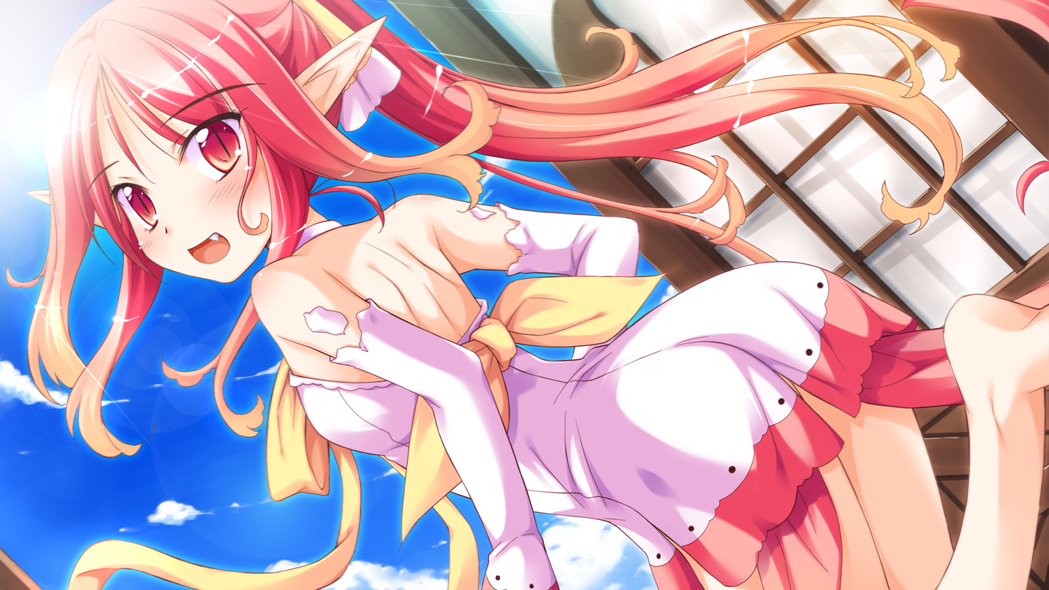 fang, game_cg, garnet_(shukufuku_no_campanella), ko~cha, pointed_ears, red_eyes, red_hair, shukufuku_no_campanella, windmill_oasis