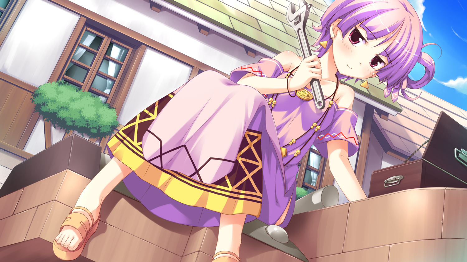 dress, game_cg, ko~cha, purple_hair, ritos_tortilla, shukufuku_no_campanella, windmill_oasis
