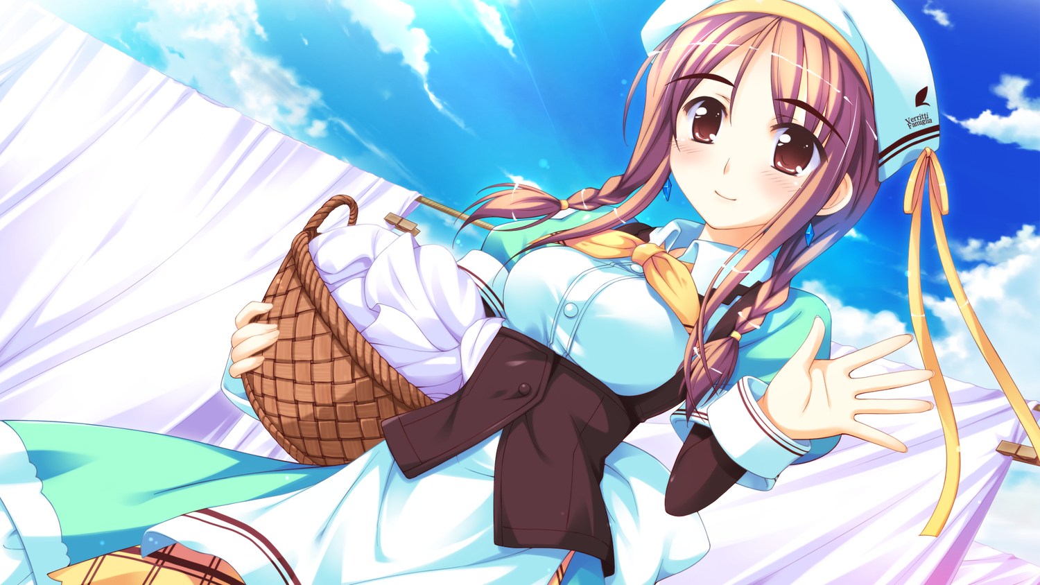 brown_hair, game_cg, ko~cha, nina_lindberg, shukufuku_no_campanella, sky, windmill_oasis