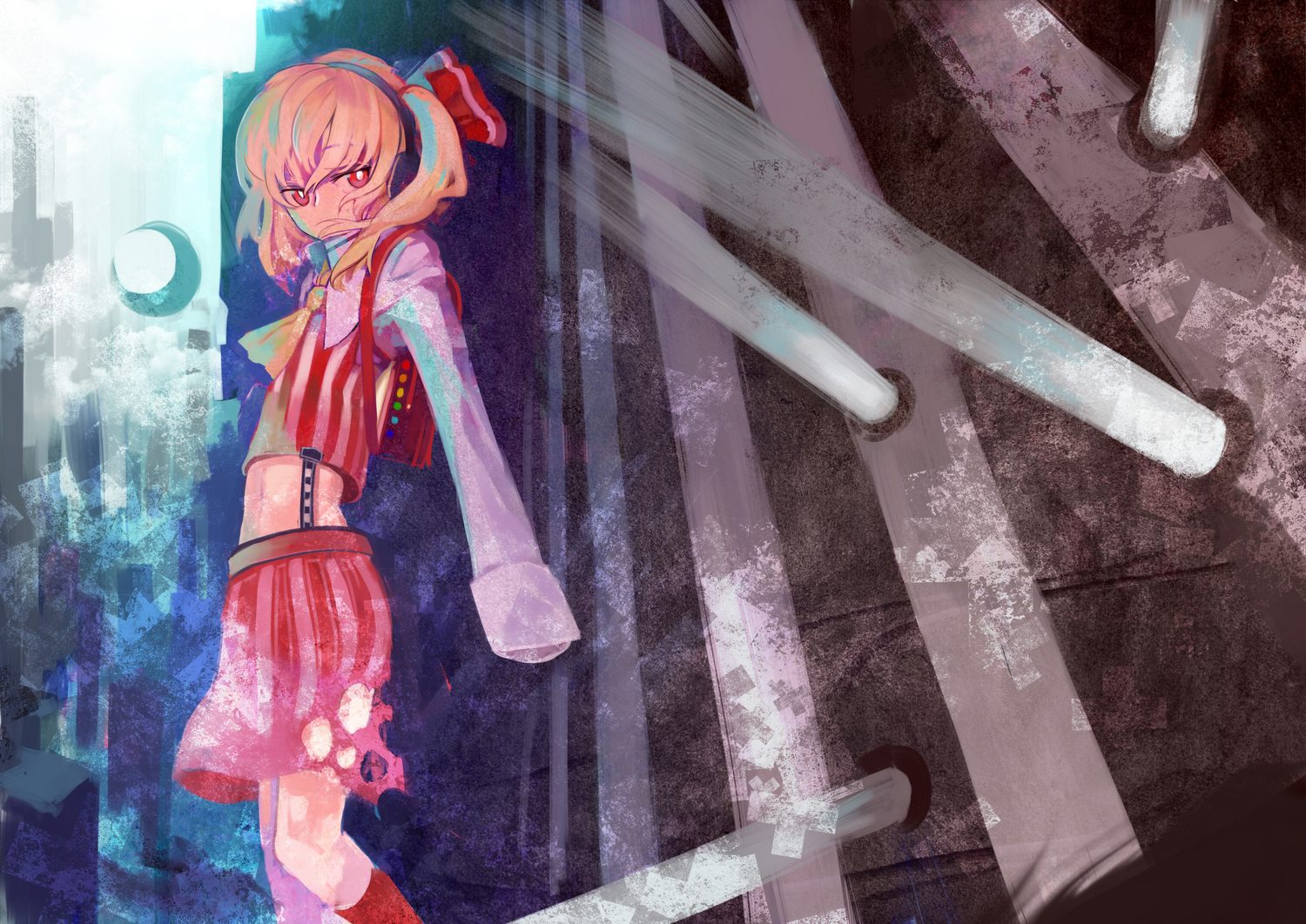 blonde_hair, flandre_scarlet, headphones, moon, organ_derwald, ponytail, red_eyes, skirt, touhou