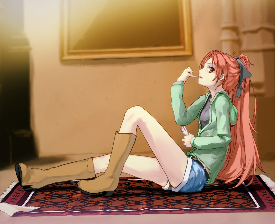 boots, brown_eyes, brown_hair, jaga, long_hair, mahou_shoujo_madoka_magica, ponytail, sakura_kyouko