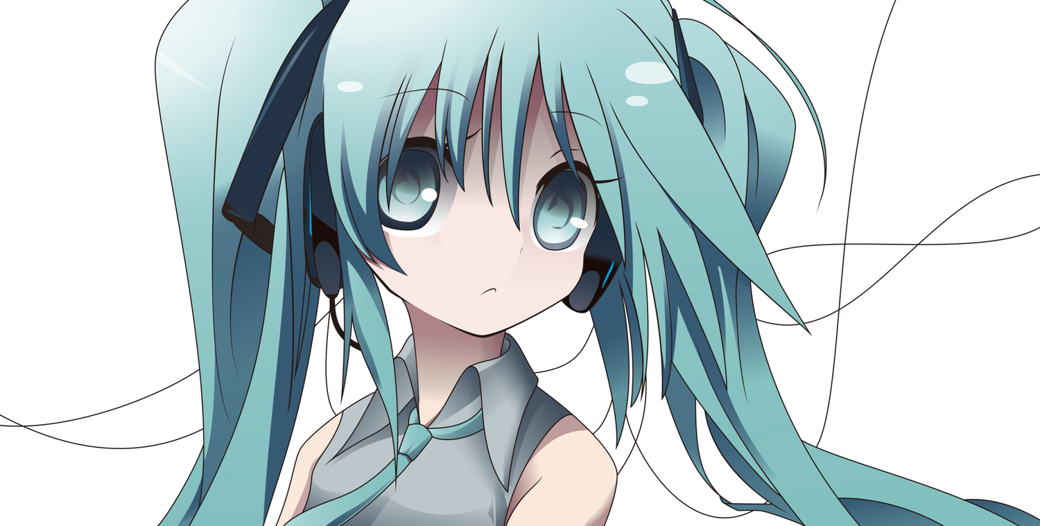 aqua_eyes, aqua_hair, close, hanepochi, hatsune_miku, headphones, tie, twintails, vocaloid, white