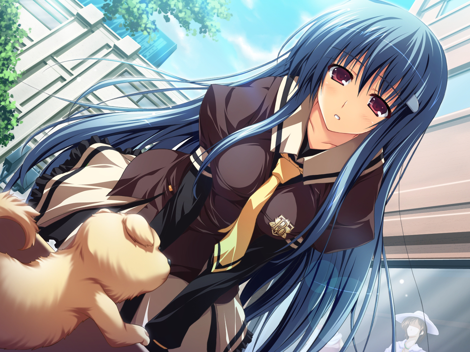 akatsuki_no_goei, animal, blue_hair, dog, game_cg, kanzaki_moe, red_eyes, school_uniform