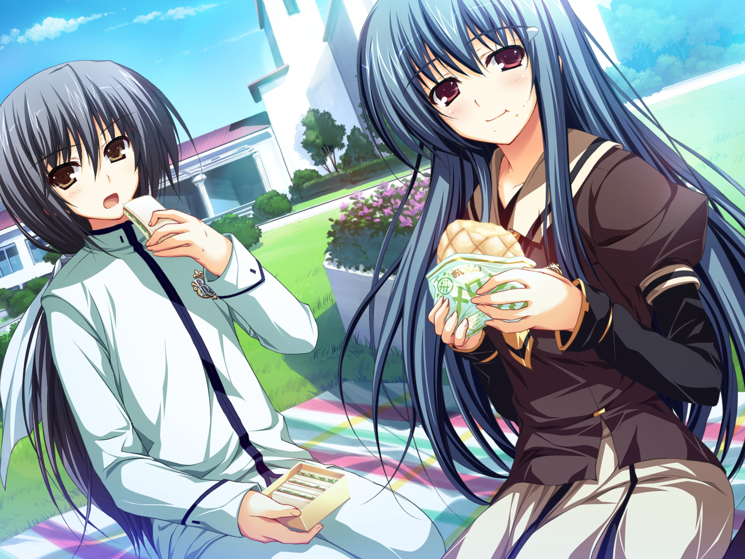 akatsuki_no_goei, blue_hair, food, game_cg, kanzaki_moe, nanjou_kaoru, school_uniform, syangrila