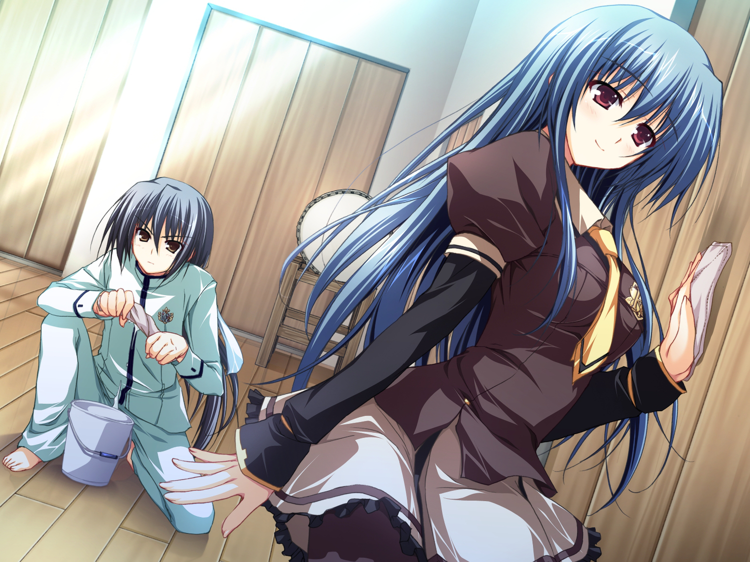 akatsuki_no_goei, blue_hair, game_cg, kanzaki_moe, nanjou_kaoru, school_uniform, syangrila, tomose_shunsaku