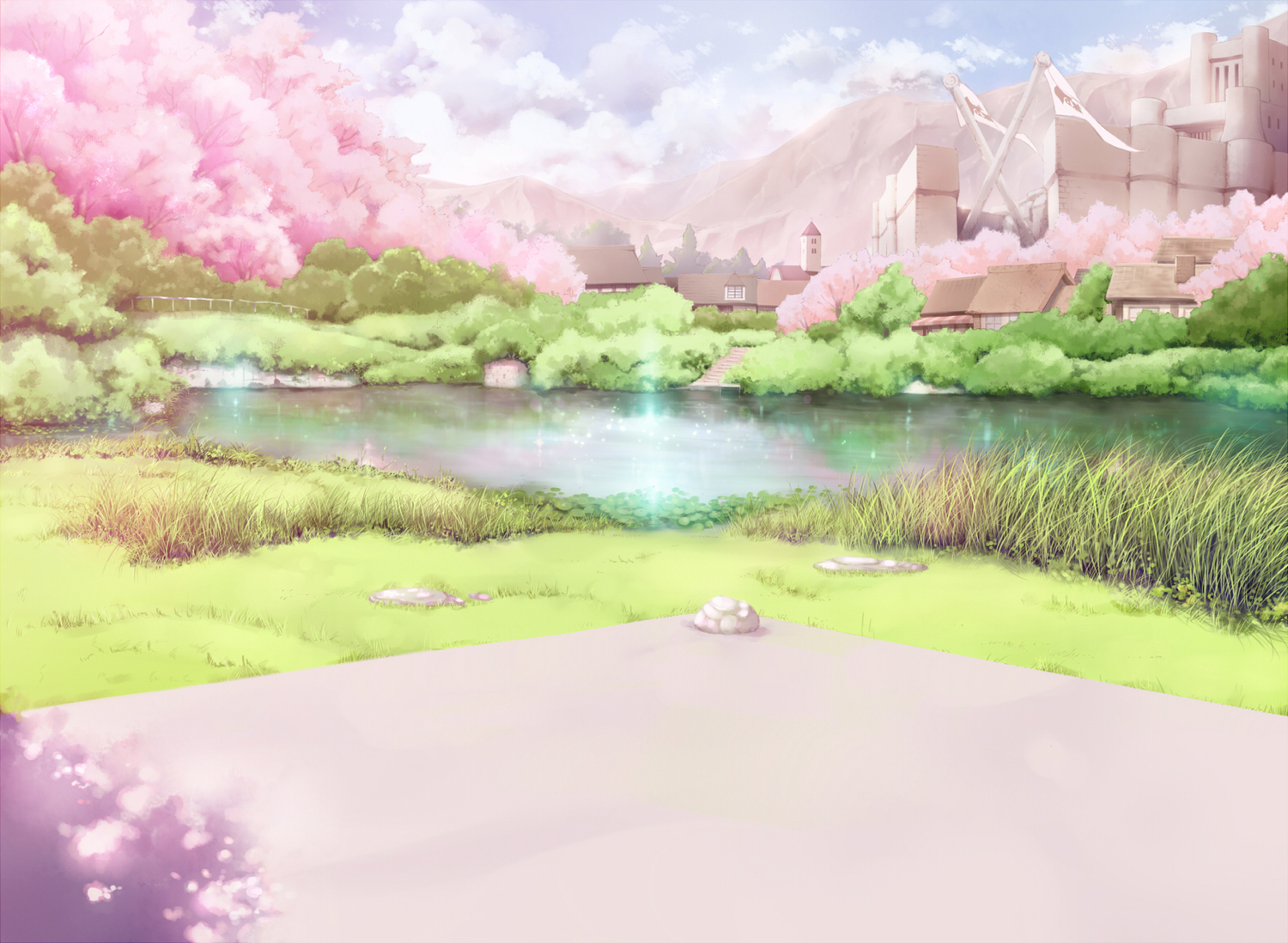 cherry_blossoms, clouds, flowers, landscape, original, ryouku, scenic, water