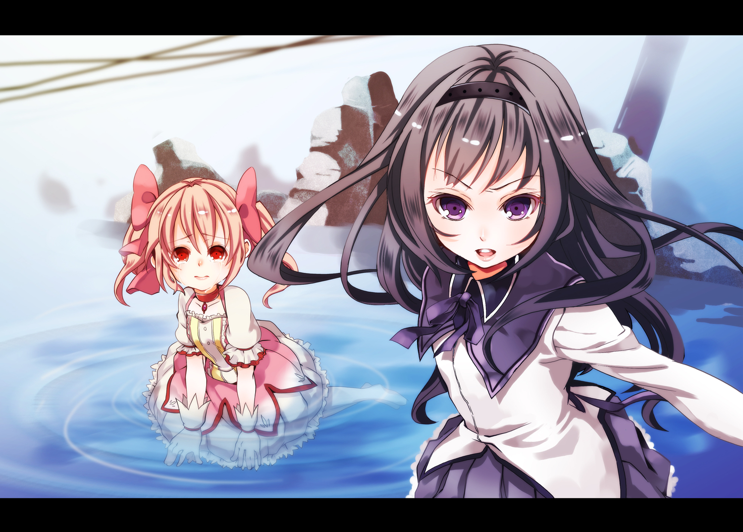 2girls, akemi_homura, black_hair, crying, kaname_madoka, mahou_shoujo_madoka_magica, pink_hair, purple_eyes, red_eyes, saisou_(2ndere), tears, water, wet