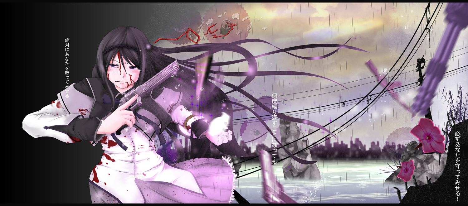 akemi_homura, blood, gun, mahou_shoujo_madoka_magica, nikuman_okakuhito, weapon