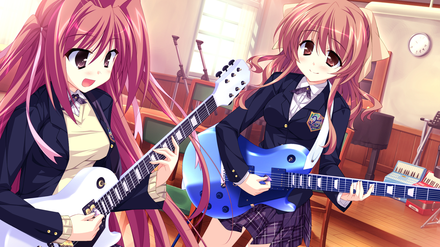 brown_hair, game_cg, guitar, hinata_mutsuki, instrument, matsuoka_kanade, natsume_otona, red_hair