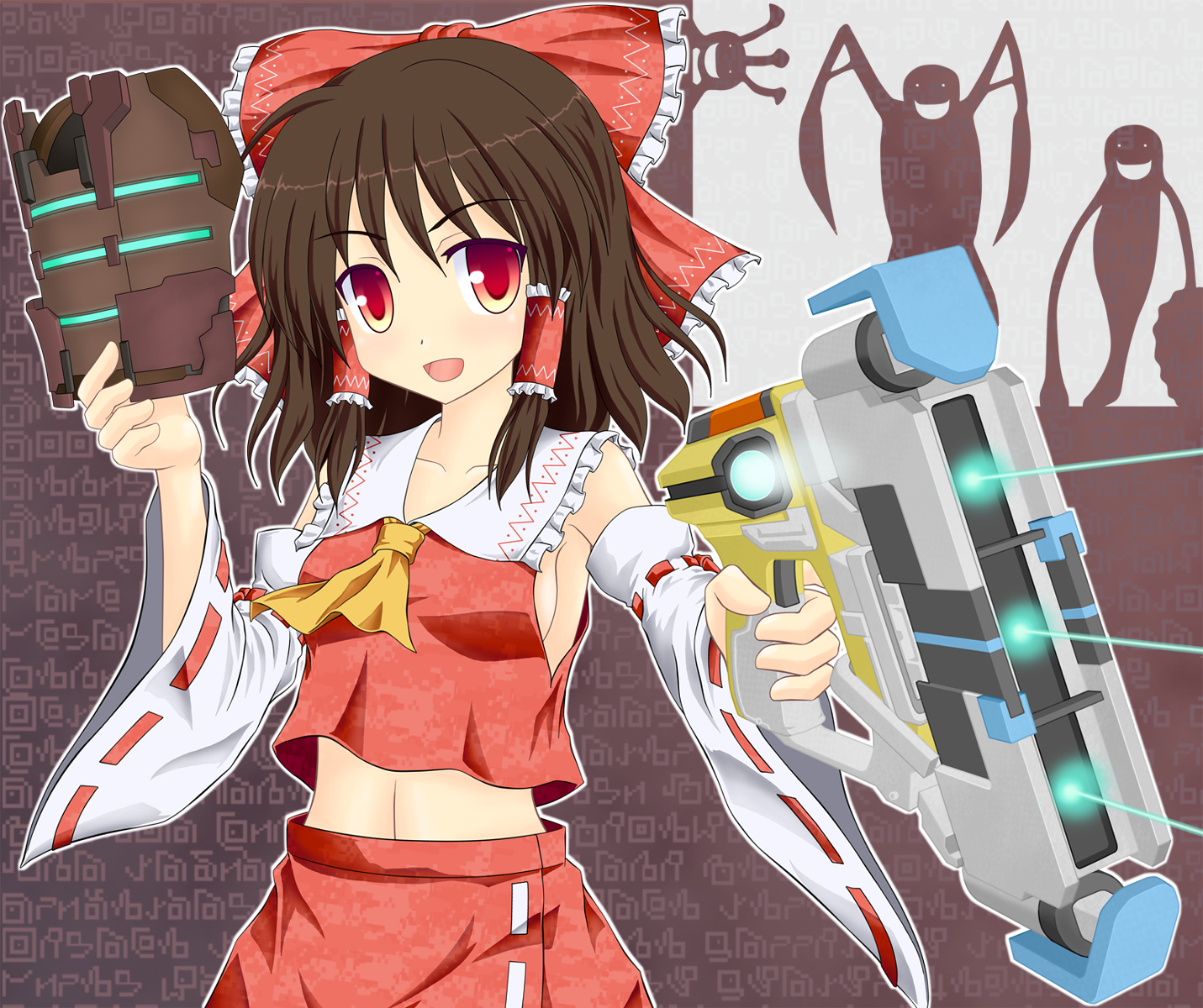 blush, brown_hair, crossover, dead_space, hakurei_reimu, japanese_clothes, miko, noveske_n4, red_eyes, short_hair, touhou