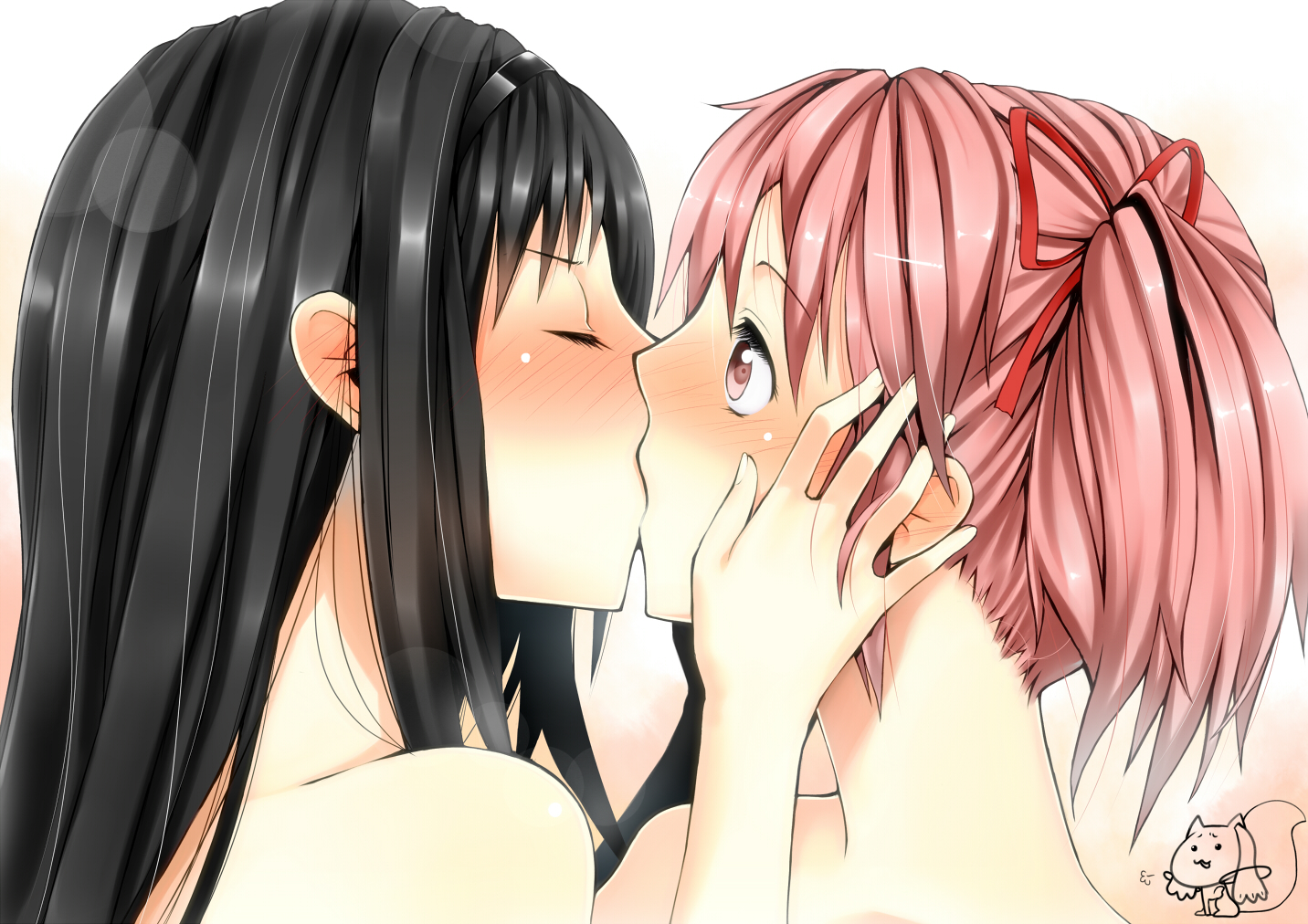 akemi_homura, black_hair, blush, kamata_yuuya, kaname_madoka, kiss, kyuubee, long_hair, mahou_shoujo_madoka_magica, pink_eyes, pink_hair, short_hair, shoujo_ai