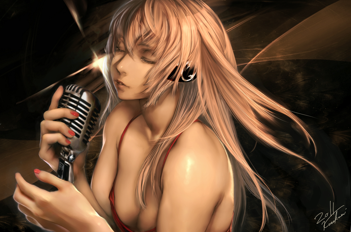 breasts, cleavage, headphones, kazakami_yuu, megurine_luka, microphone, realistic, signed