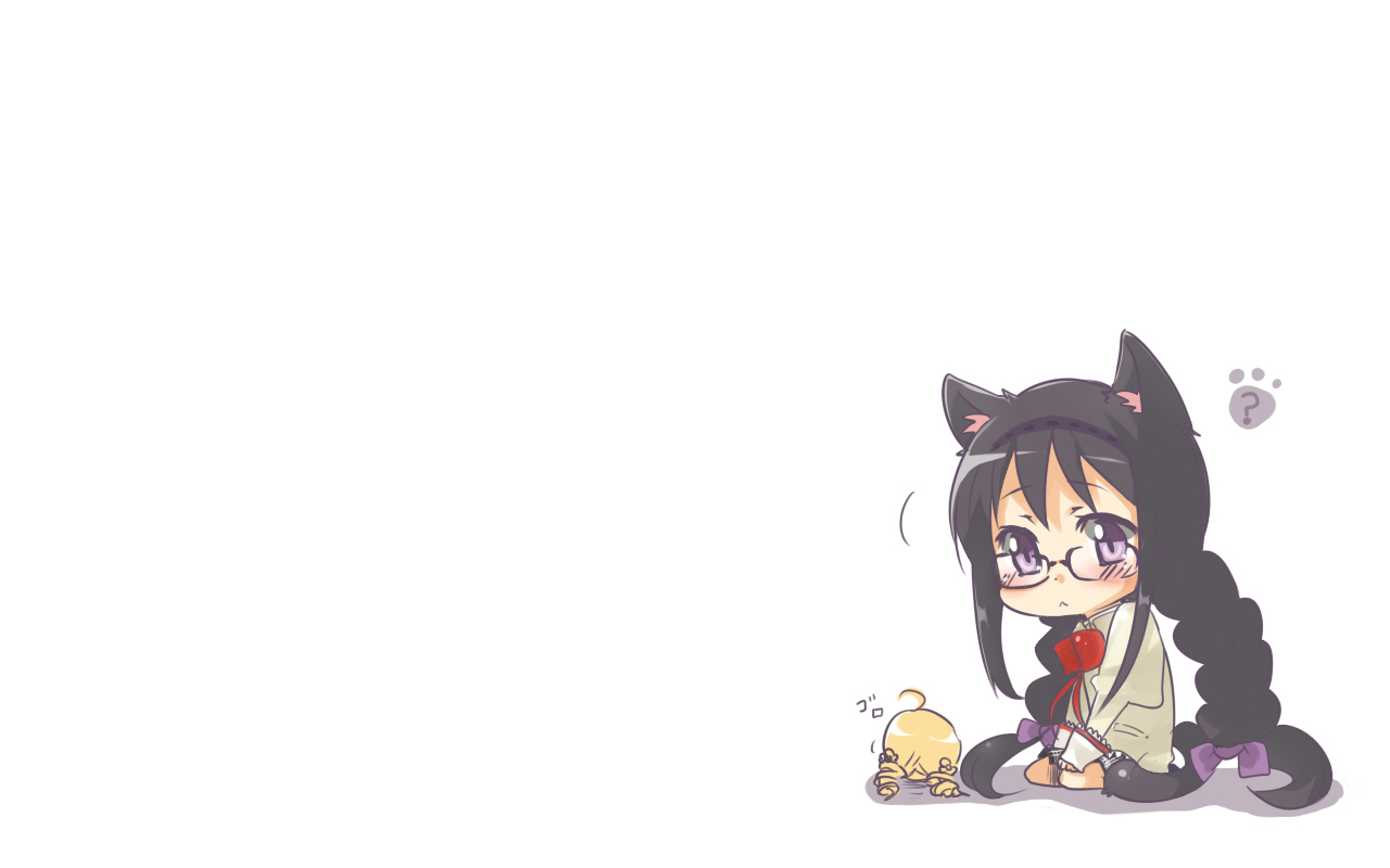 akemi_homura, animal_ears, blonde_hair, blush, braids, catgirl, chibi, glasses, long_hair, mahou_shoujo_madoka_magica, nagato123, school_uniform, tail, tomoe_mami, white