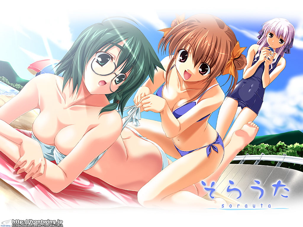 bikini, breasts, cleavage, fumio, glasses, green_hair, konishi_tamako, sakura_chika, school_swimsuit, setouchi_aoi, sorauta, swimsuit