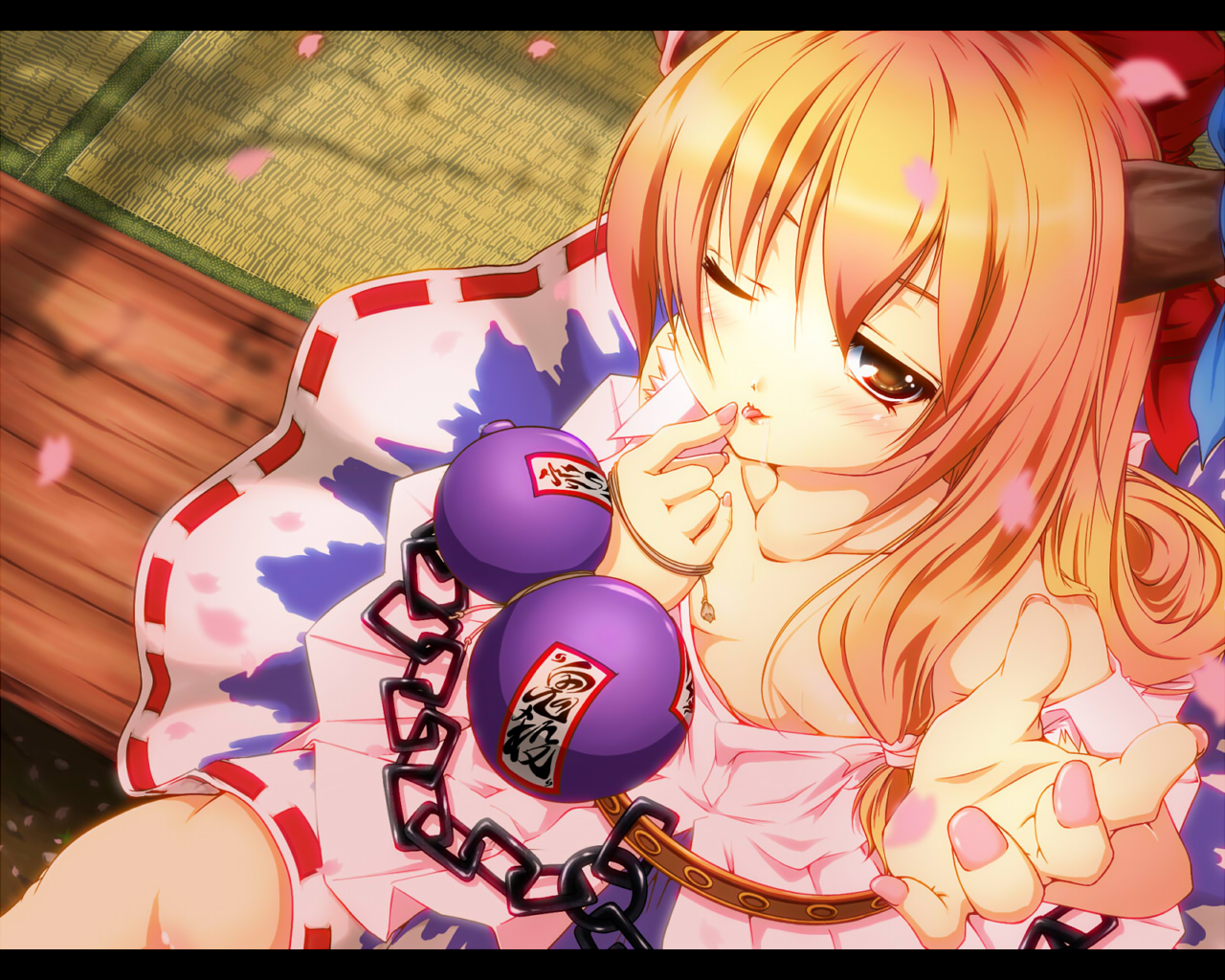 breasts, chain, cleavage, haruyonoto, horns, ibuki_suika, touhou, wink