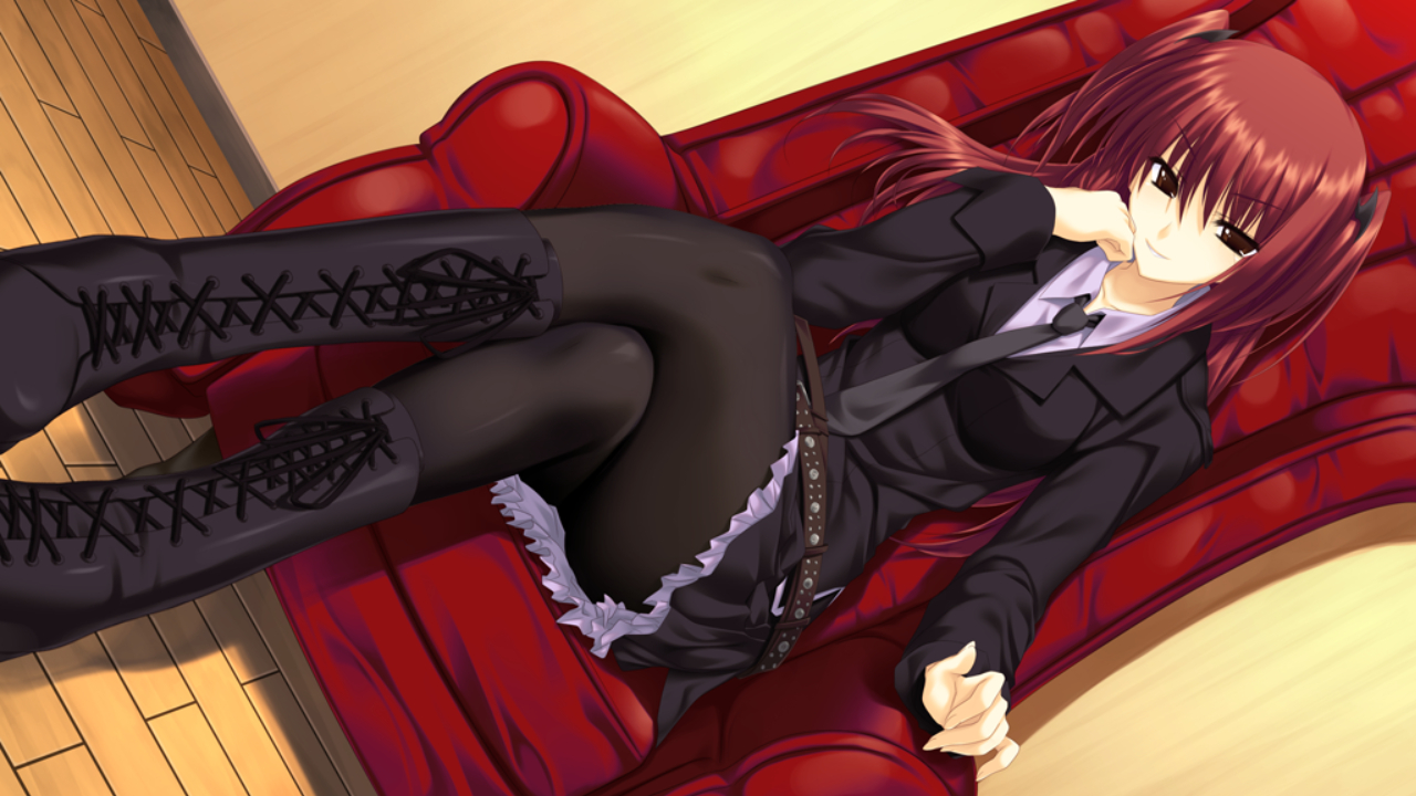 boots, brown_eyes, brown_hair, game_cg, nanakase_yui, nekonade_distortion, pantyhose, tie, tsukinon