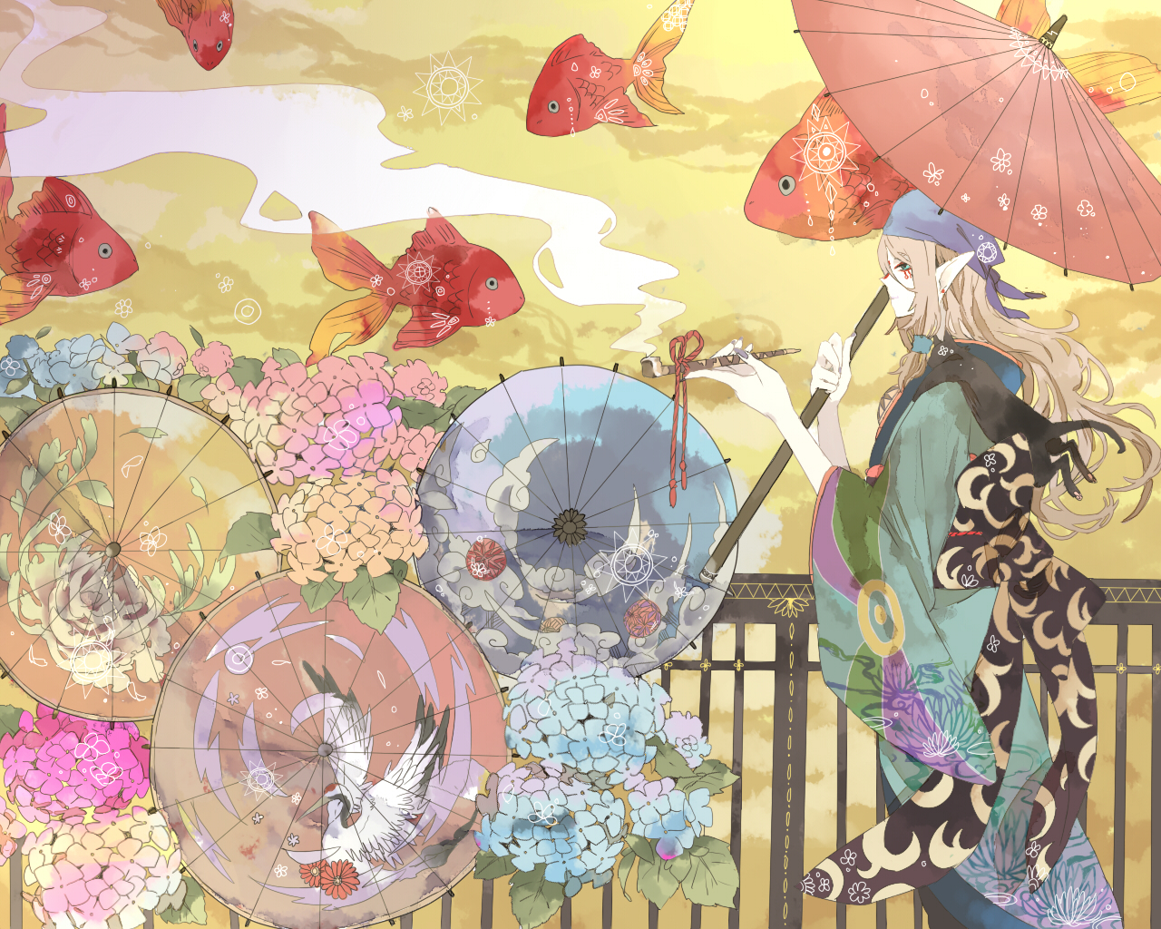 all_male, anbivarens, animal, fish, flowers, kusuriuri, long_hair, male