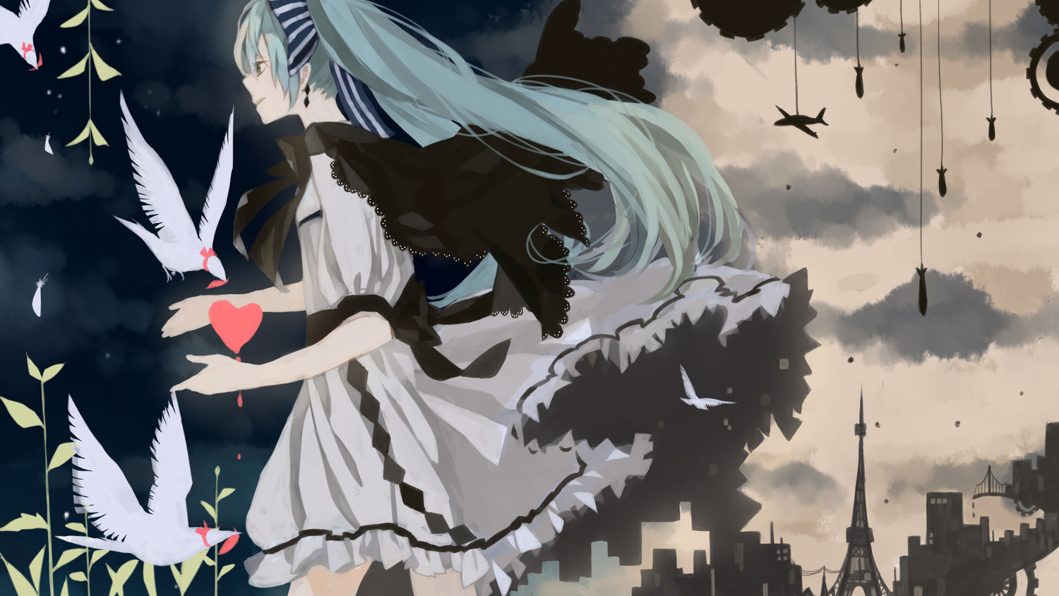 anbivarens, animal, aqua_hair, bird, building, city, clouds, dark