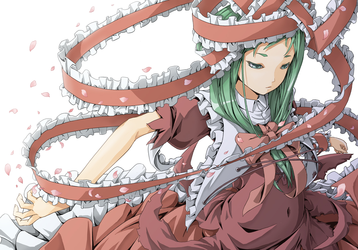 green_hair, kagiyama_hina, marujin, petals, ribbons, touhou, white