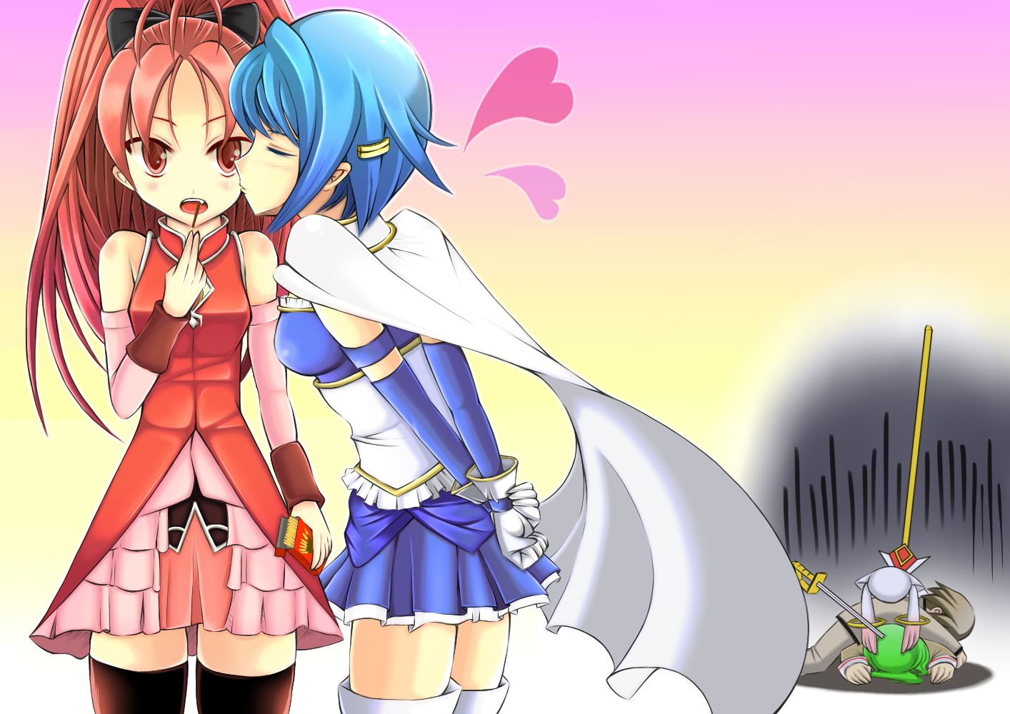 blue_hair, kamijou_kyousuke, kiss, kyuubee, mahou_shoujo_madoka_magica, miki_sayaka, red_eyes, red_hair