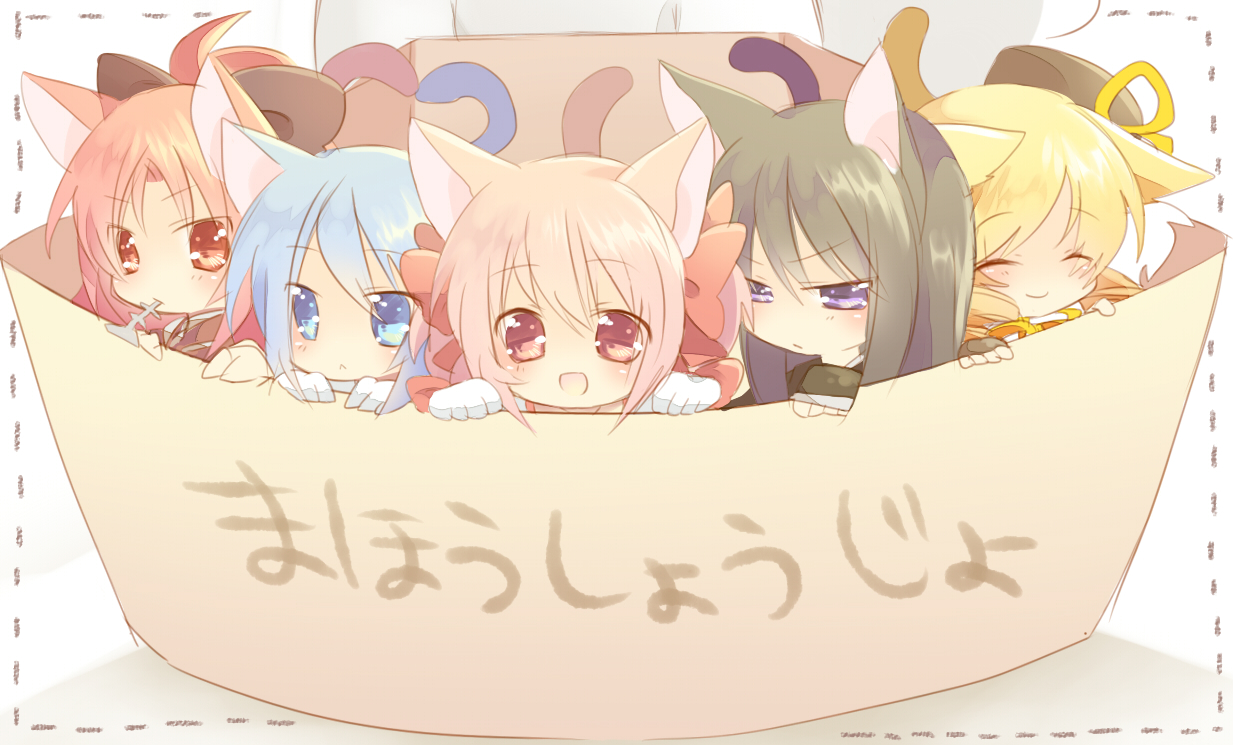 akemi_homura, animal_ears, catgirl, chibi, hetaling, kaname_madoka, kyuubee, mahou_shoujo_madoka_magica, miki_sayaka, sakura_kyouko, tomoe_mami