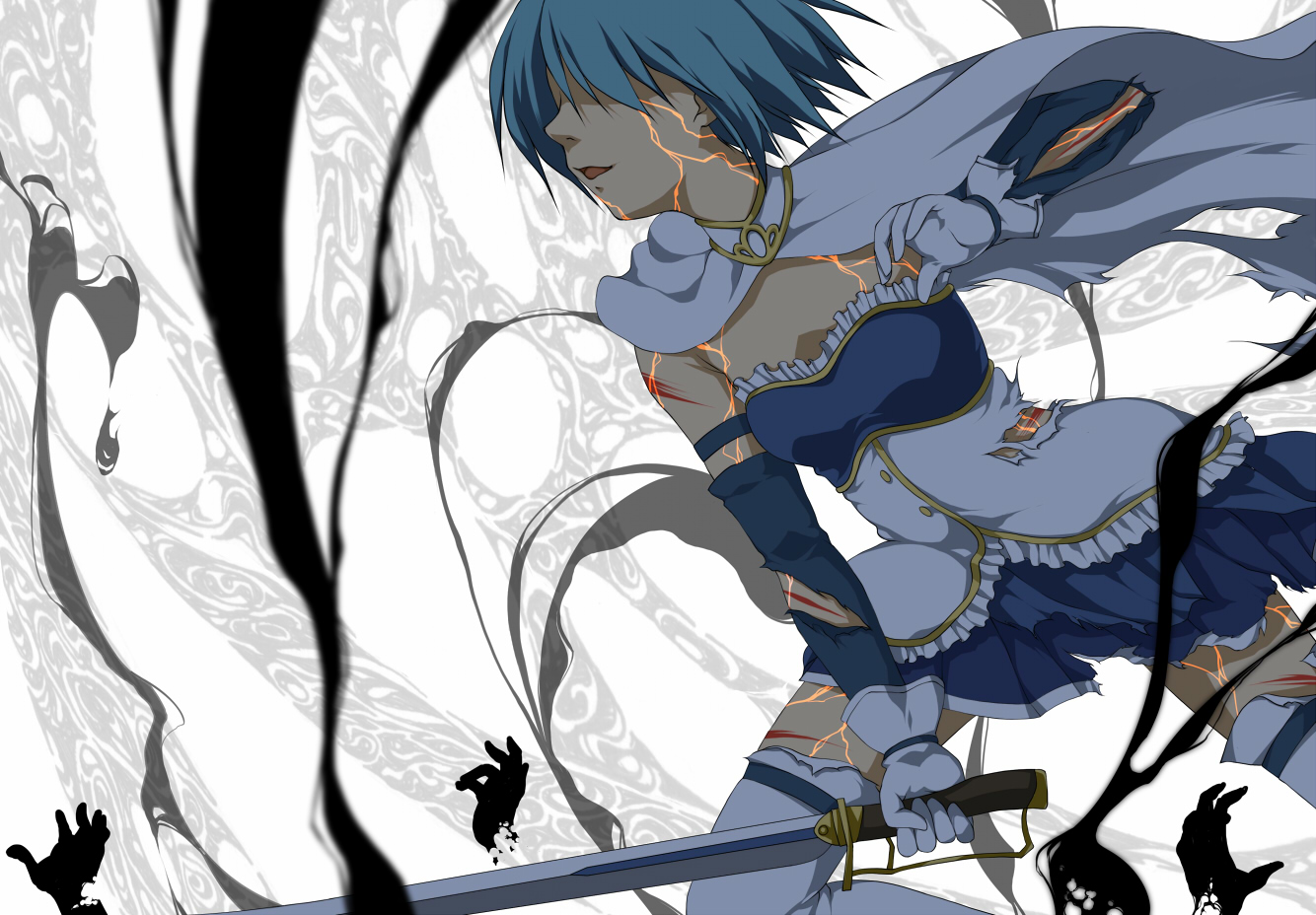 blood, cape, mahou_shoujo_madoka_magica, miki_sayaka, suda_(yuunagi_enikki), sword, thighhighs, torn_clothes