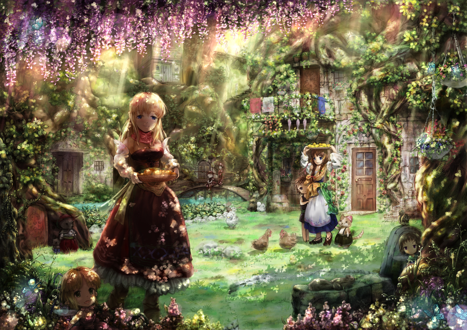 animal, blonde_hair, blue_eyes, brown_hair, butterfly, cat, dress, flowers