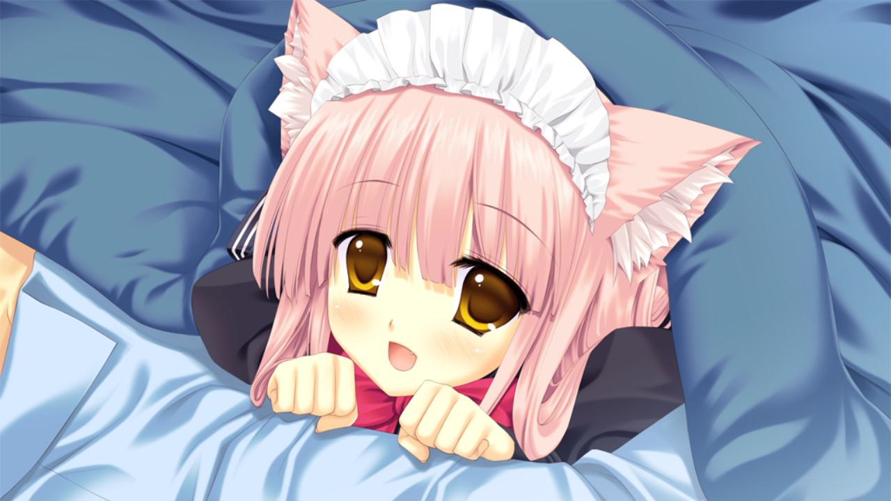 animal_ears, bed, catgirl, close, game_cg, miyasu_risa, nanakase_gizmo, nekonade_distortion, yellow_eyes
