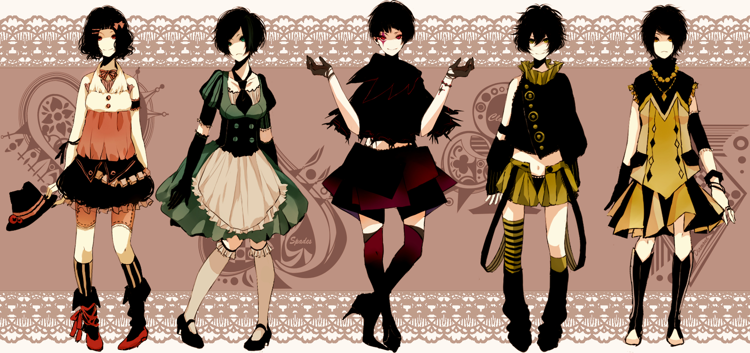 black_hair, blue_eyes, dress, kwbr, original, ribbons, short_hair, skirt, thighhighs, yellow_eyes