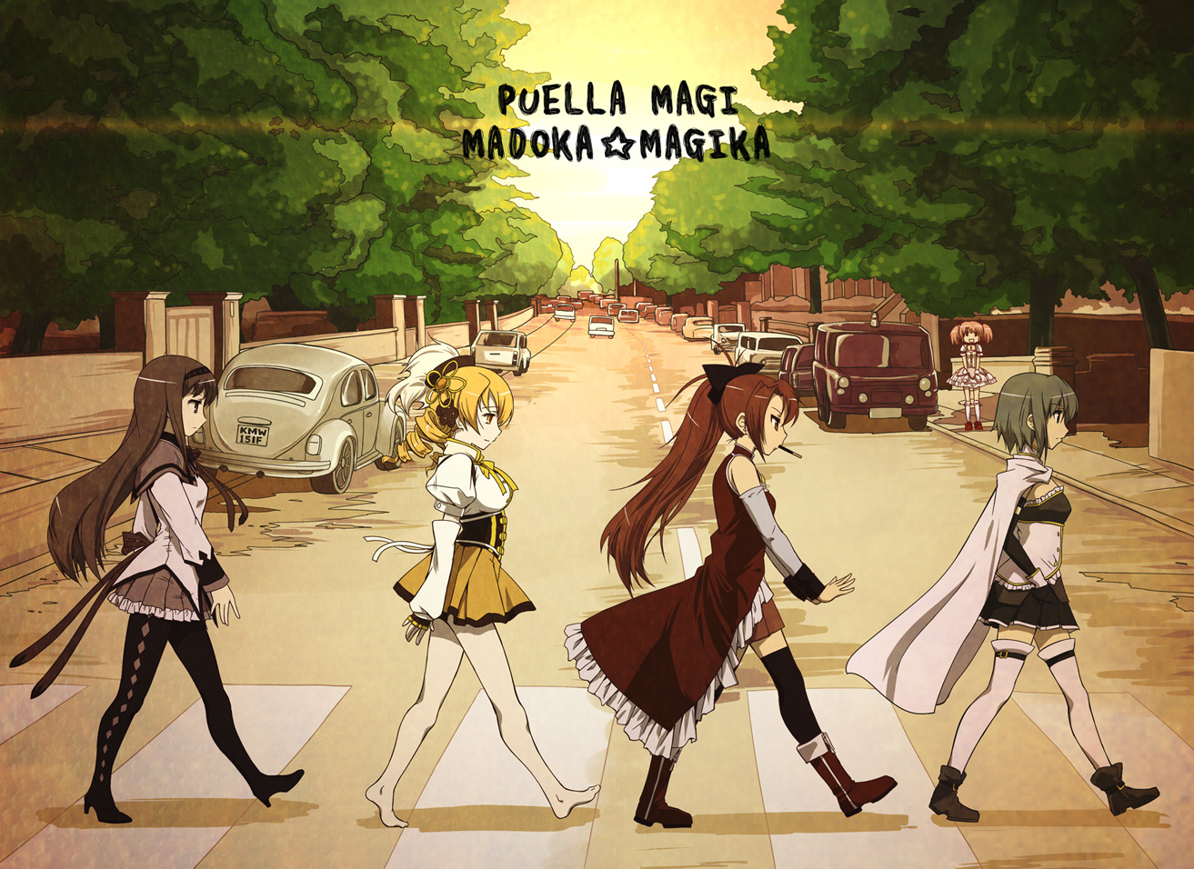 akemi_homura, car, food, kaname_madoka, kazu, mahou_shoujo_madoka_magica, miki_sayaka, parody