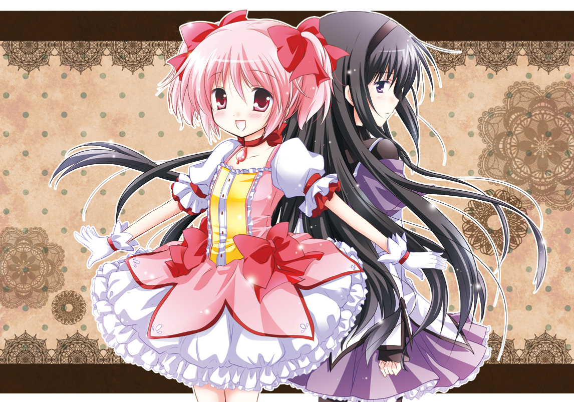 akemi_homura, kaname_madoka, mahou_shoujo_madoka_magica, white-brown