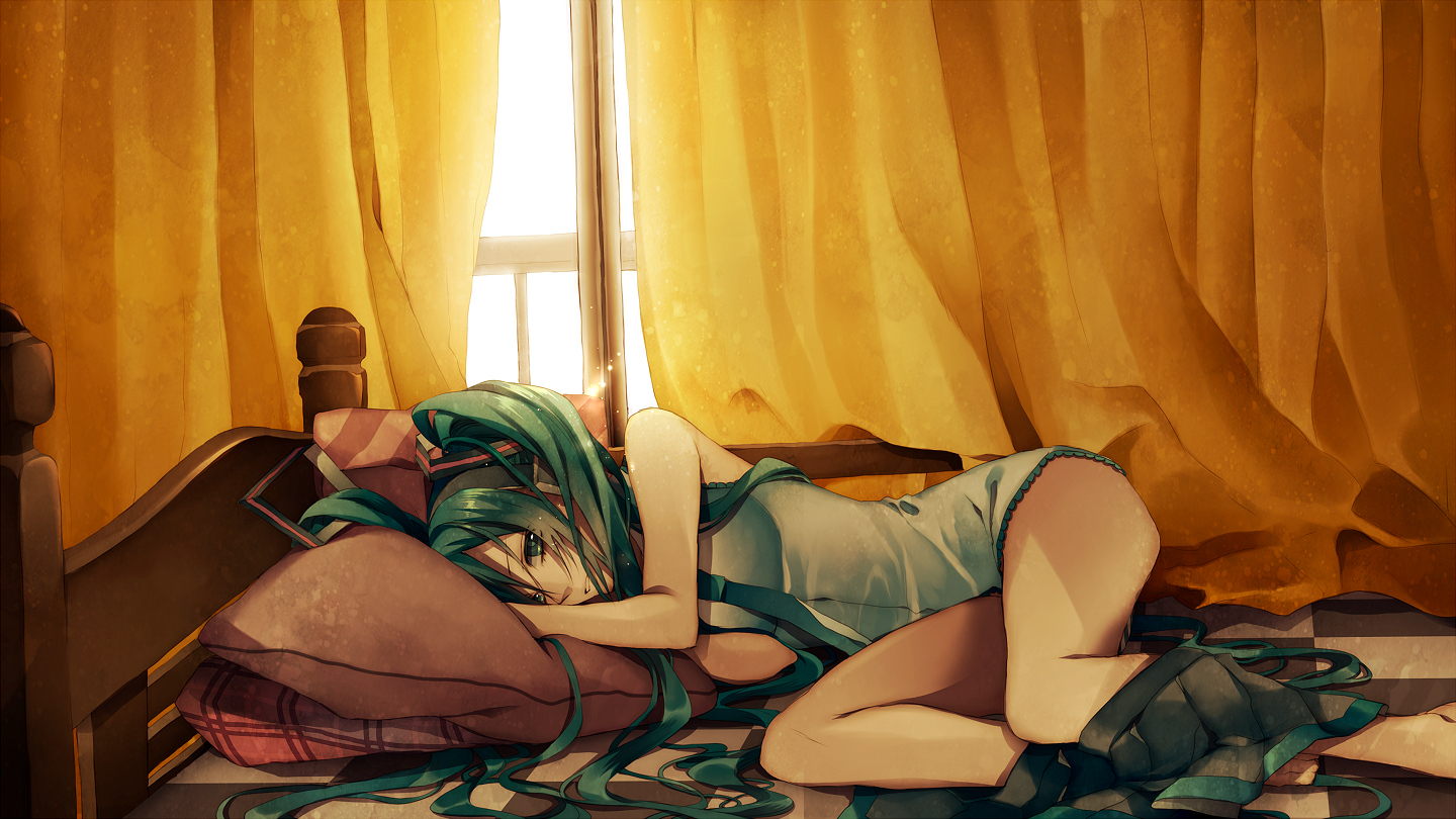 aqua_eyes, aqua_hair, bed, hatsune_miku, long_hair, skirt, tie, tsukioka_tsukiho