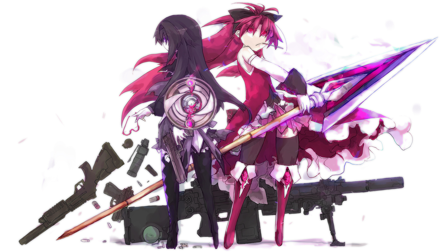 akemi_homura, beru, black_hair, gun, mahou_shoujo_madoka_magica, pantyhose, purple_eyes, red_eyes