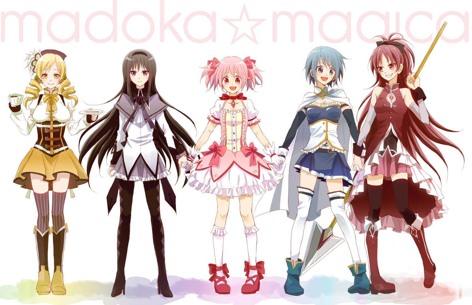 akemi_homura, black_hair, blonde_hair, blue_eyes, blue_hair, dress, group, kaname_madoka, mahou_shoujo_madoka_magica, meguro, miki_sayaka, pantyhose, pink_eyes, pink_hair, purple_eyes, red_eyes, red_hair, sakura_kyouko, spear, thighhighs, tomoe_mami, weapon, white, yellow_eyes, zettai_ryouiki