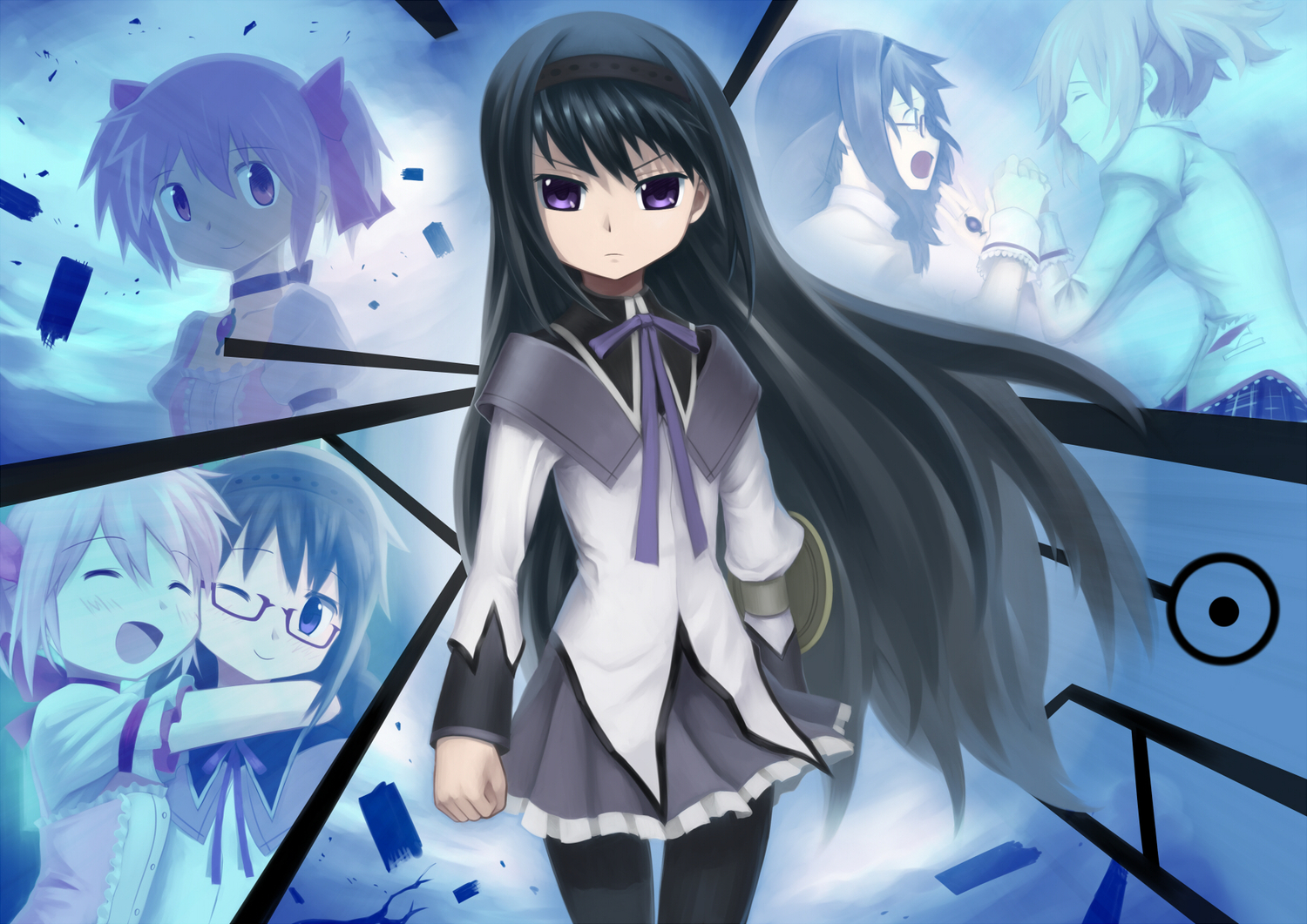 akemi_homura, black_hair, glasses, hug, kaname_madoka, mahou_shoujo_madoka_magica, otosama, purple_eyes, school_uniform