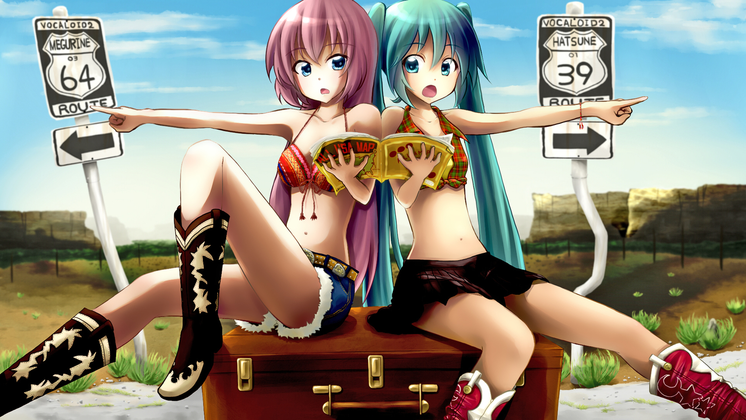 aqua_eyes, aqua_hair, blue_eyes, boots, hatsune_miku, kadomaki_shinnosuke, long_hair, megurine_luka, pink_hair, twintails, vocaloid