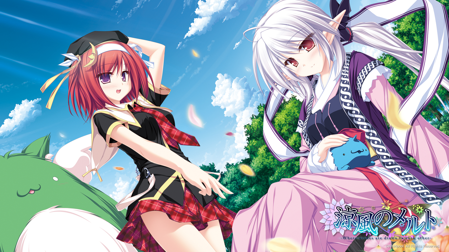 2girls, animal, clouds, pointed_ears, purple_eyes, red_eyes, red_hair, school_uniform